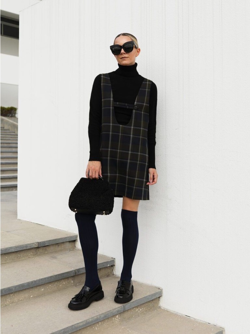 MNG Plaid Pinafore Dress with Subtle Green & Blue Lines    LIKE NEW